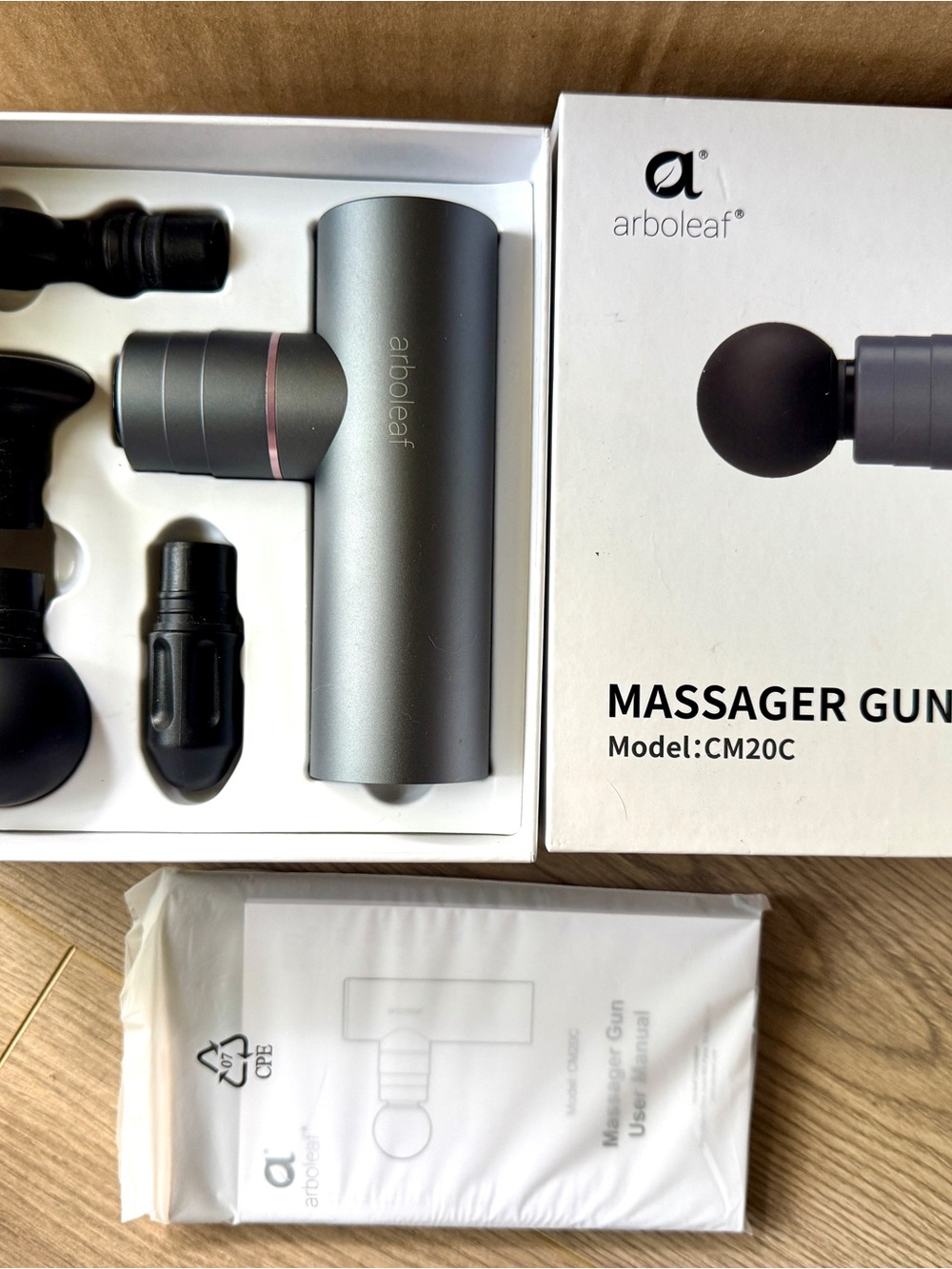 Arboleaf CM20C Massage Gun in Metallic Gray with Black Heads
